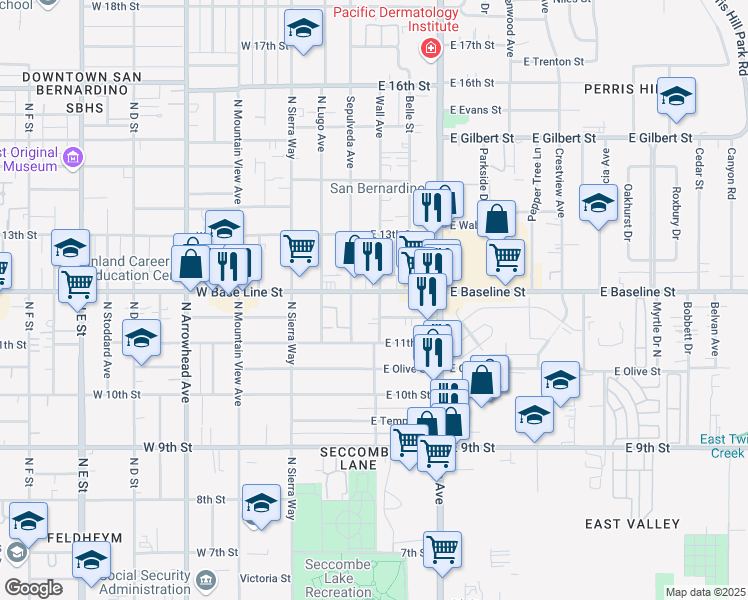 map of restaurants, bars, coffee shops, grocery stores, and more near 1165 Sepulveda Avenue in San Bernardino