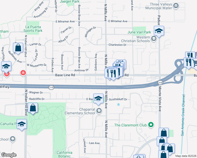 map of restaurants, bars, coffee shops, grocery stores, and more near Middlebury Court in Claremont