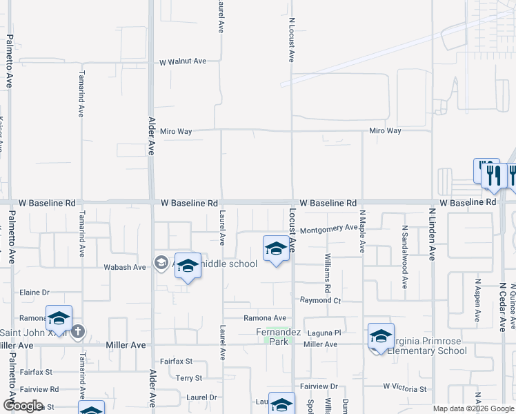 map of restaurants, bars, coffee shops, grocery stores, and more near 7305 Grace Street in Fontana