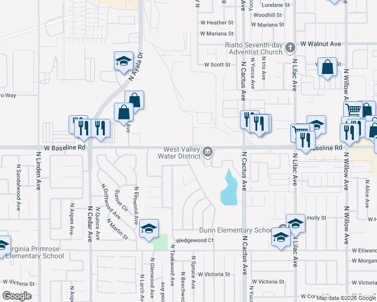 map of restaurants, bars, coffee shops, grocery stores, and more near 908 West Mesa Drive in Rialto