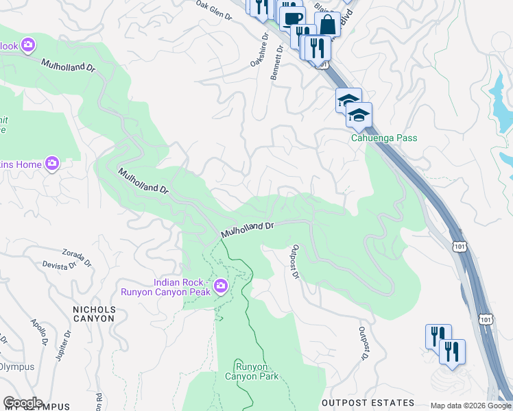 map of restaurants, bars, coffee shops, grocery stores, and more near 7265 Caverna Drive in Los Angeles
