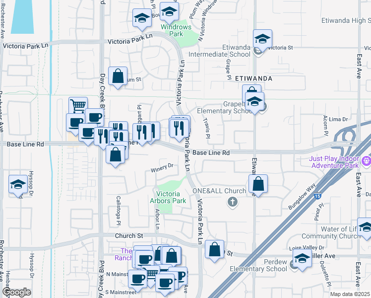 map of restaurants, bars, coffee shops, grocery stores, and more near Baseline Rd & Victoria Park Ln in Rancho Cucamonga