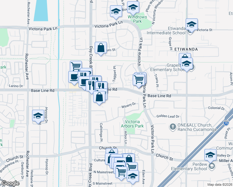 map of restaurants, bars, coffee shops, grocery stores, and more near 12467 Base Line Road in Rancho Cucamonga