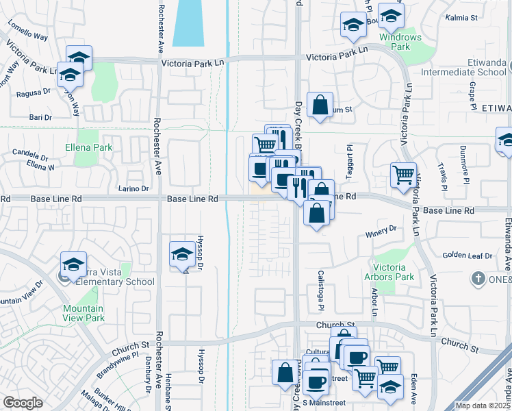 map of restaurants, bars, coffee shops, grocery stores, and more near 12173 Meridian Drive in Rancho Cucamonga