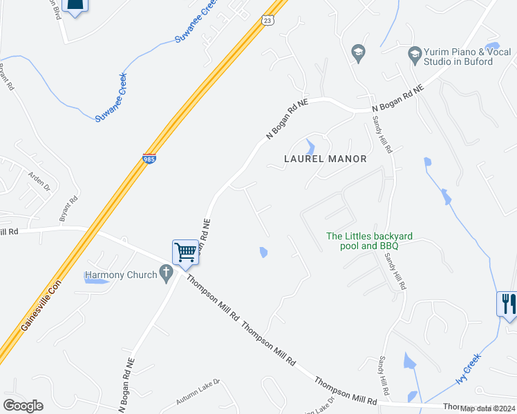 map of restaurants, bars, coffee shops, grocery stores, and more near 3106 Grey Park Court Northeast in Buford