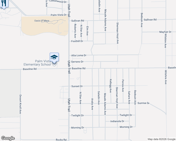 map of restaurants, bars, coffee shops, grocery stores, and more near Baseline Road in Twentynine Palms