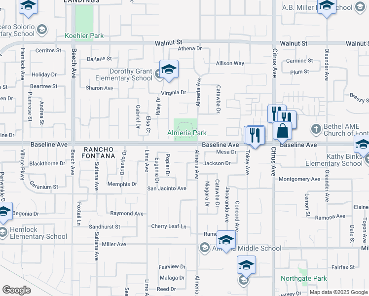 map of restaurants, bars, coffee shops, grocery stores, and more near 15752 Mimosa Court in Fontana