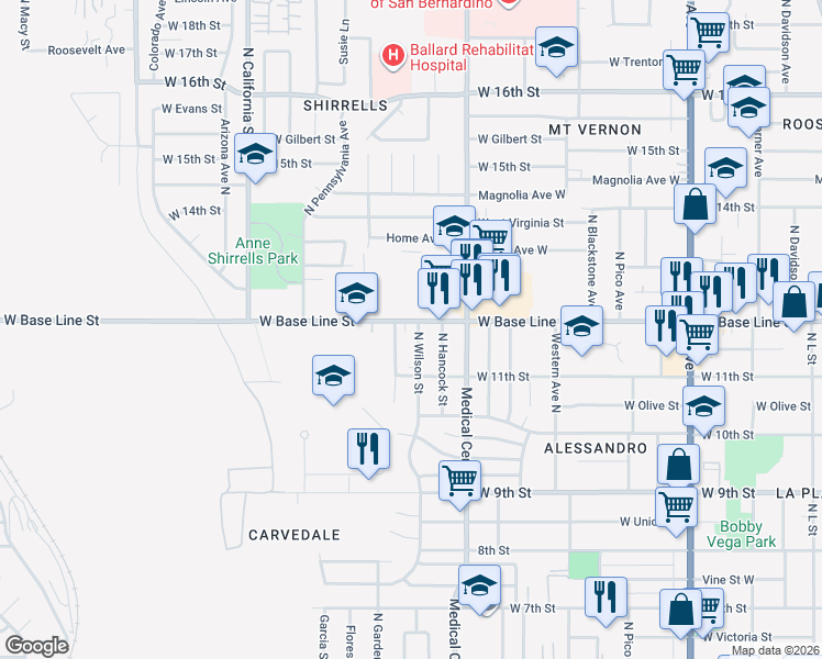 map of restaurants, bars, coffee shops, grocery stores, and more near 1705 West Base Line Street in San Bernardino