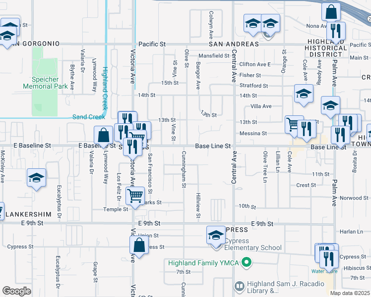 map of restaurants, bars, coffee shops, grocery stores, and more near 26709 Base Line Street in Highland