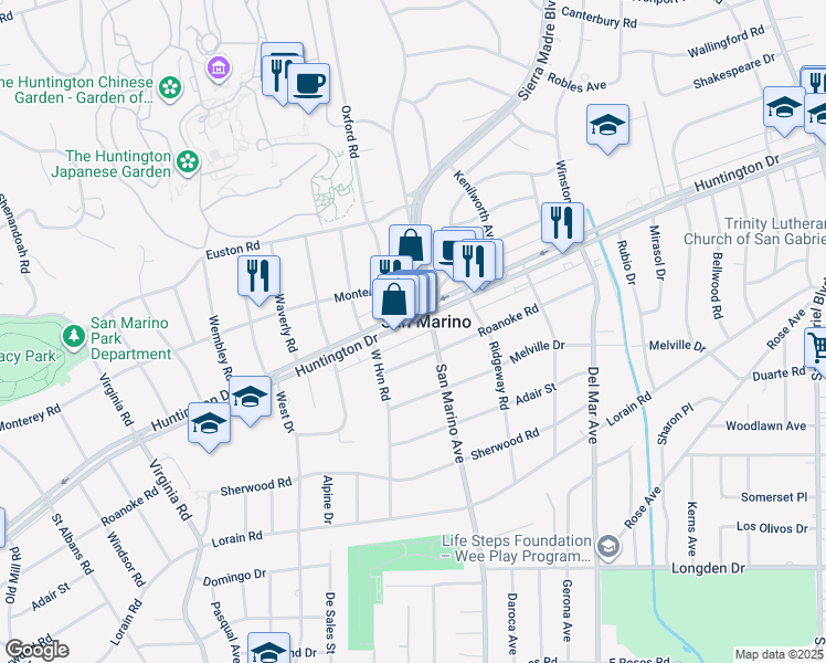 map of restaurants, bars, coffee shops, grocery stores, and more near 2148 Huntington Drive in San Marino