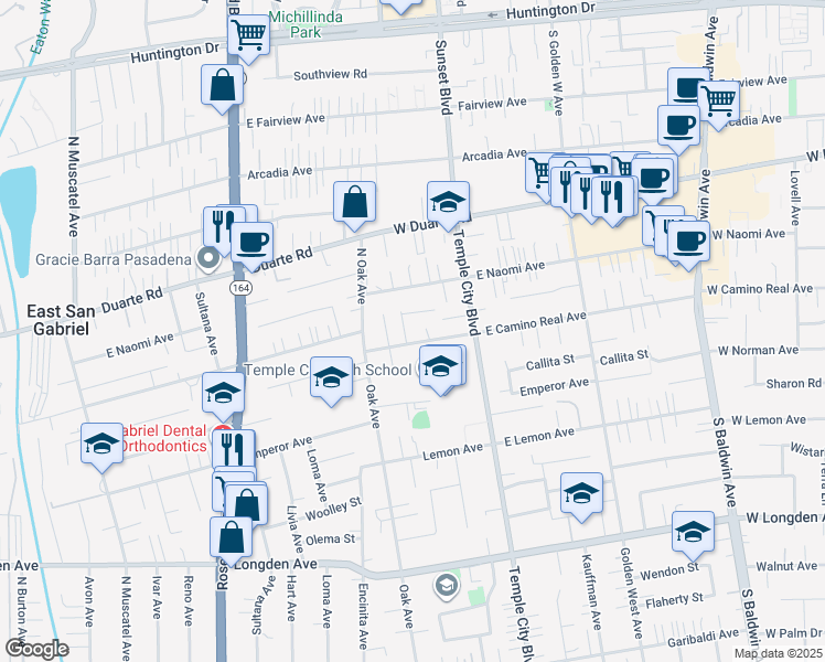 map of restaurants, bars, coffee shops, grocery stores, and more near 6705 Brentmead Avenue in Arcadia