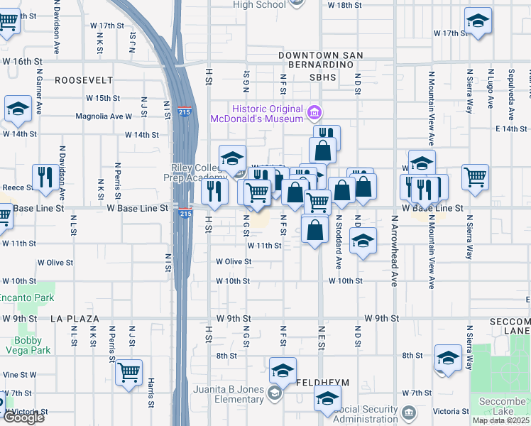 map of restaurants, bars, coffee shops, grocery stores, and more near 1156 North F Street in San Bernardino