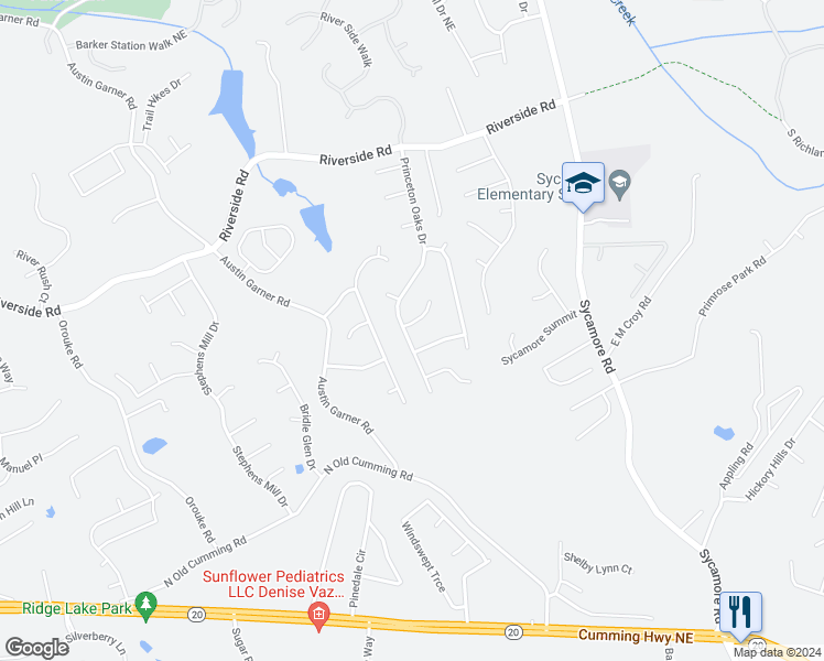 map of restaurants, bars, coffee shops, grocery stores, and more near 5485 Princeton Oaks Drive in Sugar Hill