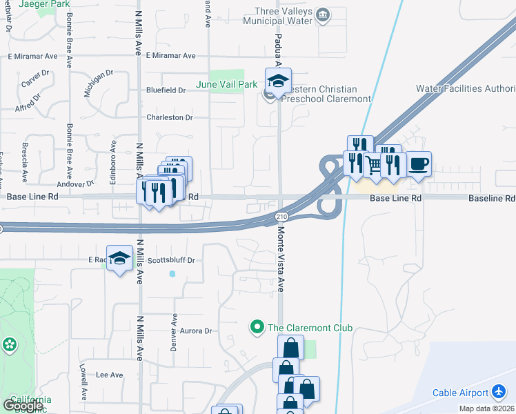 map of restaurants, bars, coffee shops, grocery stores, and more near 844 Citrus Court in Claremont