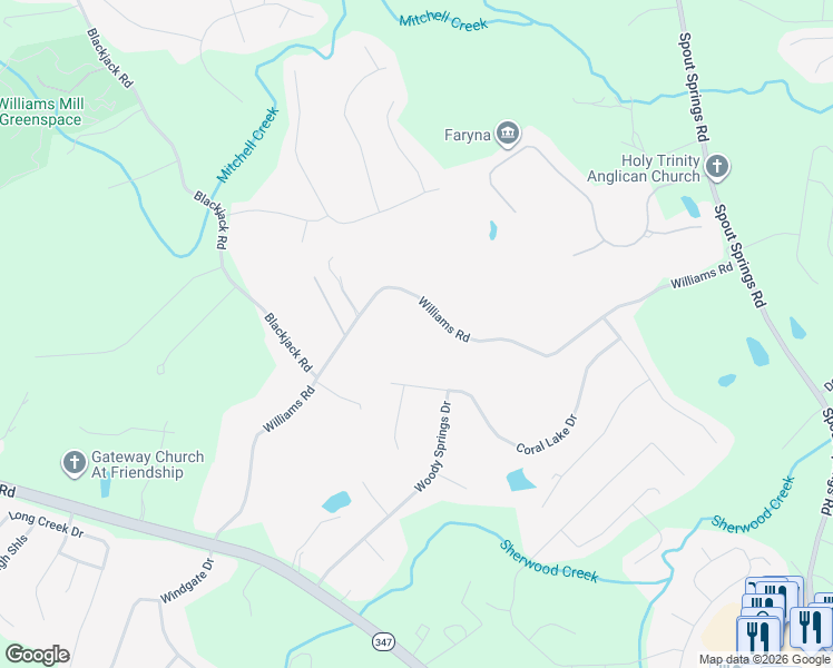 map of restaurants, bars, coffee shops, grocery stores, and more near 7287 Williams Road in Flowery Branch