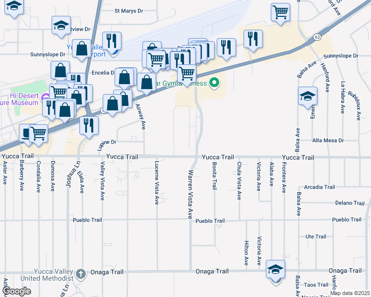 map of restaurants, bars, coffee shops, grocery stores, and more near 7280 Murray Lane in Yucca Valley