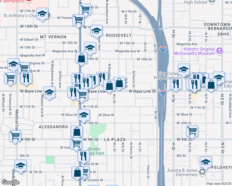 map of restaurants, bars, coffee shops, grocery stores, and more near 1155 North L Street in San Bernardino