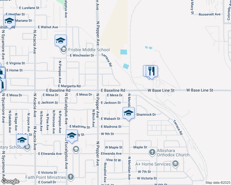 map of restaurants, bars, coffee shops, grocery stores, and more near 989 East Mesa Drive in Rialto