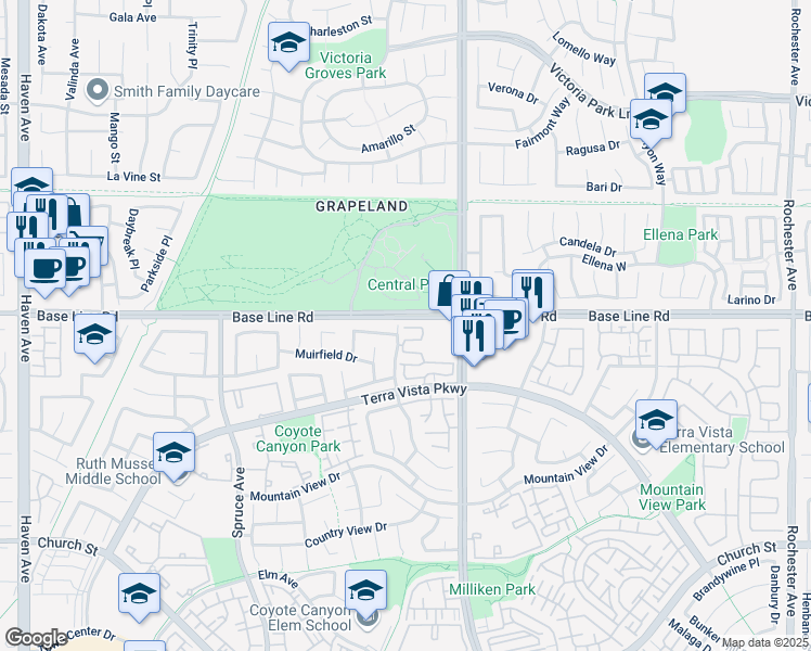 map of restaurants, bars, coffee shops, grocery stores, and more near 7367 Belpine Place in Rancho Cucamonga