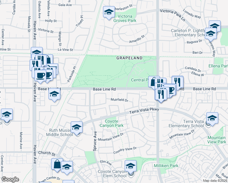 map of restaurants, bars, coffee shops, grocery stores, and more near 11051 Canterbury Court in Rancho Cucamonga