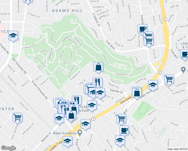 map of restaurants, bars, coffee shops, grocery stores, and more near 3367 Andrita Street in Los Angeles