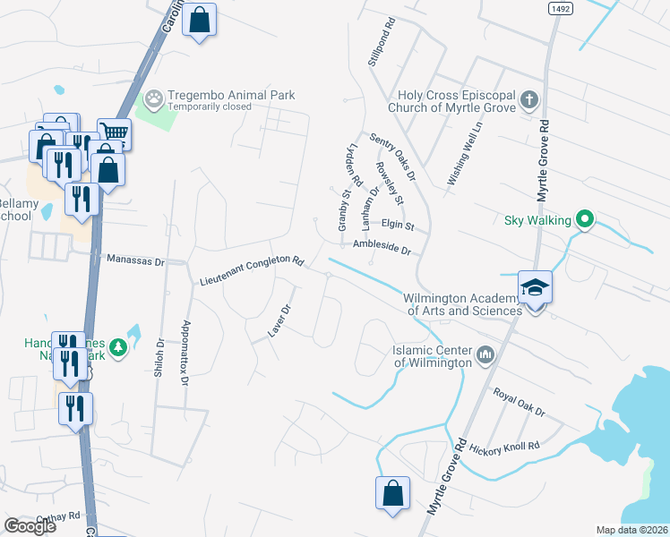 map of restaurants, bars, coffee shops, grocery stores, and more near 6336 Granby Street in Wilmington