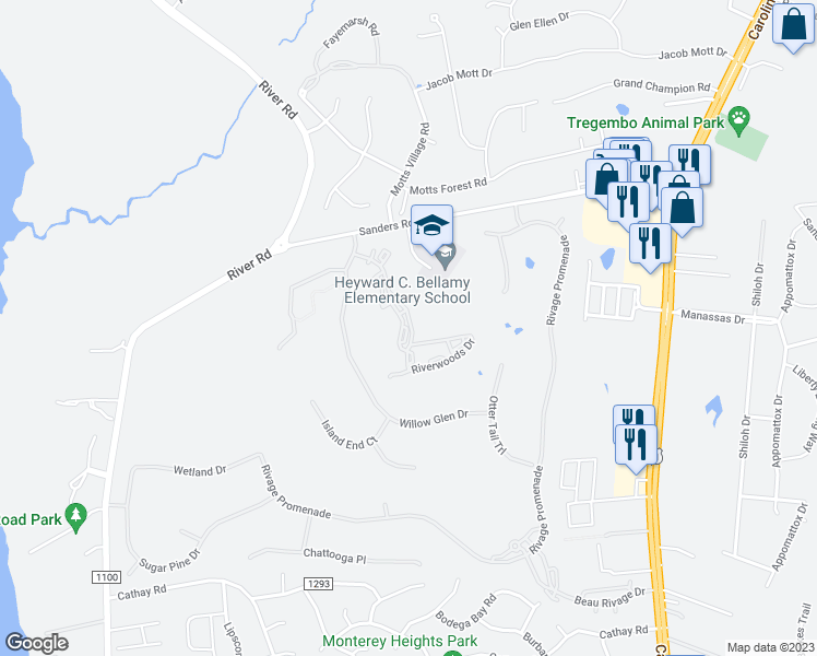 map of restaurants, bars, coffee shops, grocery stores, and more near 6160 Riverwoods Drive in Wilmington