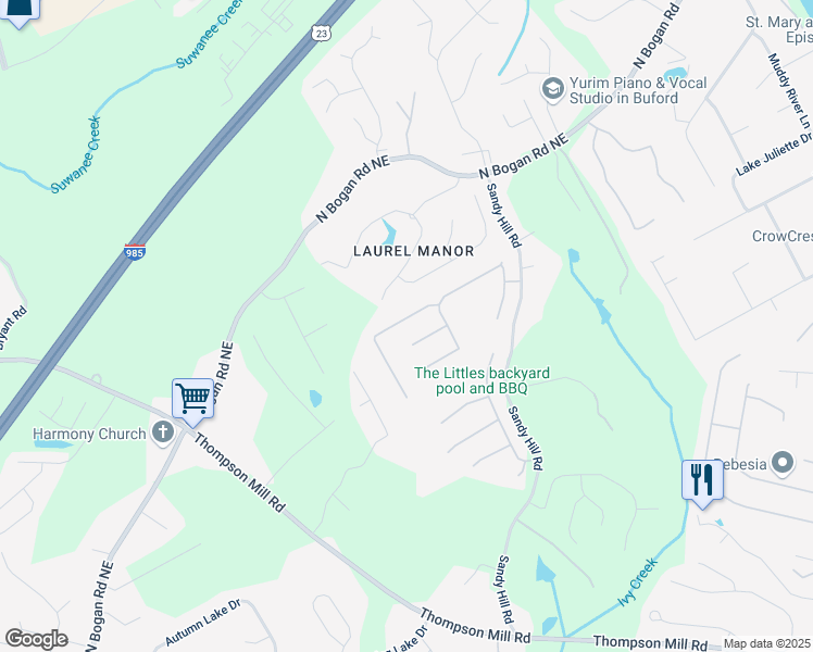 map of restaurants, bars, coffee shops, grocery stores, and more near 4295 Cami Way Northeast in Buford