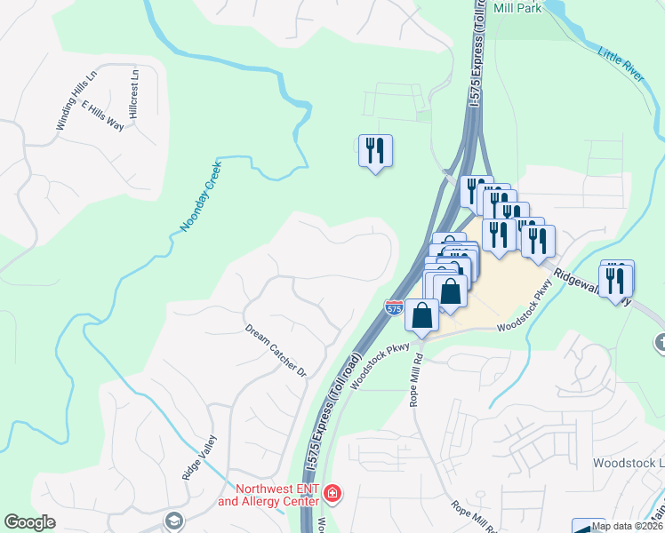 map of restaurants, bars, coffee shops, grocery stores, and more near 4105 Dream Catcher Drive in Woodstock