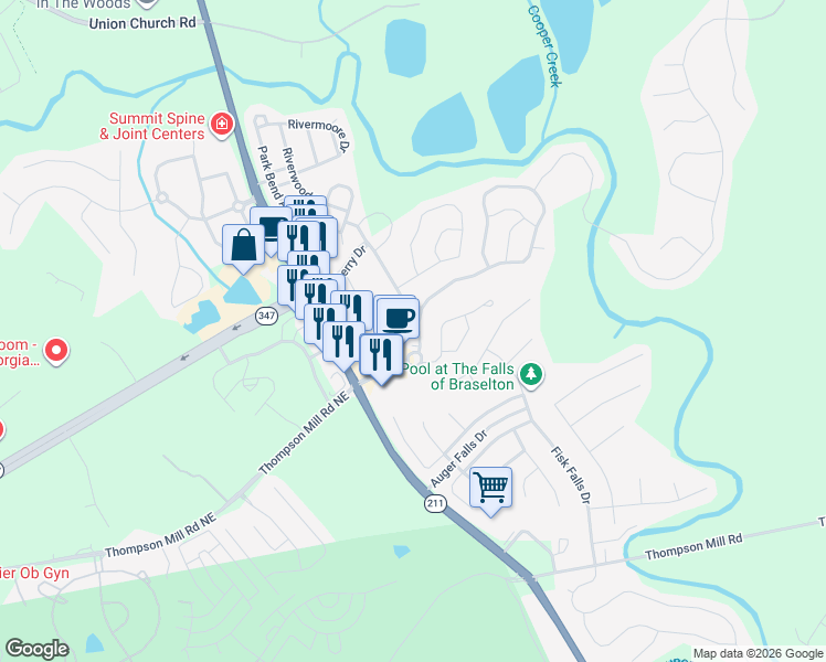 map of restaurants, bars, coffee shops, grocery stores, and more near 6392 Grand Hickory Drive in Braselton