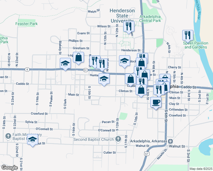 map of restaurants, bars, coffee shops, grocery stores, and more near 1305 Caddo Street in Arkadelphia