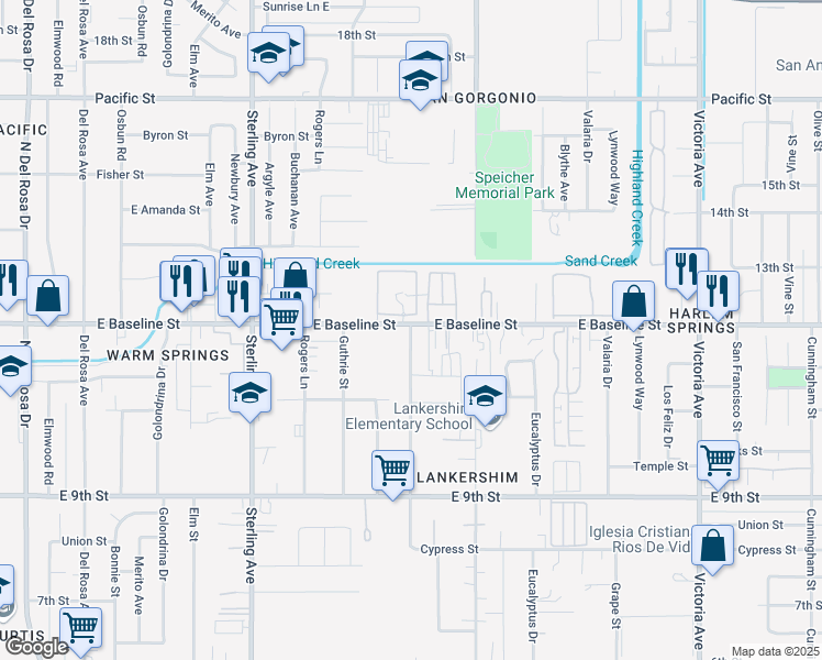 map of restaurants, bars, coffee shops, grocery stores, and more near McKinley Avenue in San Bernardino