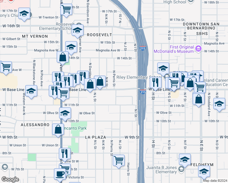 map of restaurants, bars, coffee shops, grocery stores, and more near 1232 West Base Line Street in San Bernardino