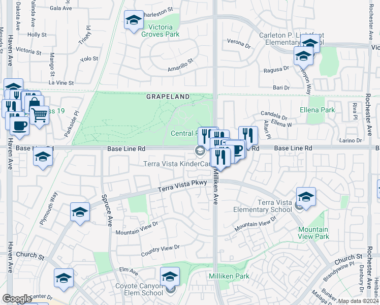 map of restaurants, bars, coffee shops, grocery stores, and more near 7301 Belpine Place in Rancho Cucamonga