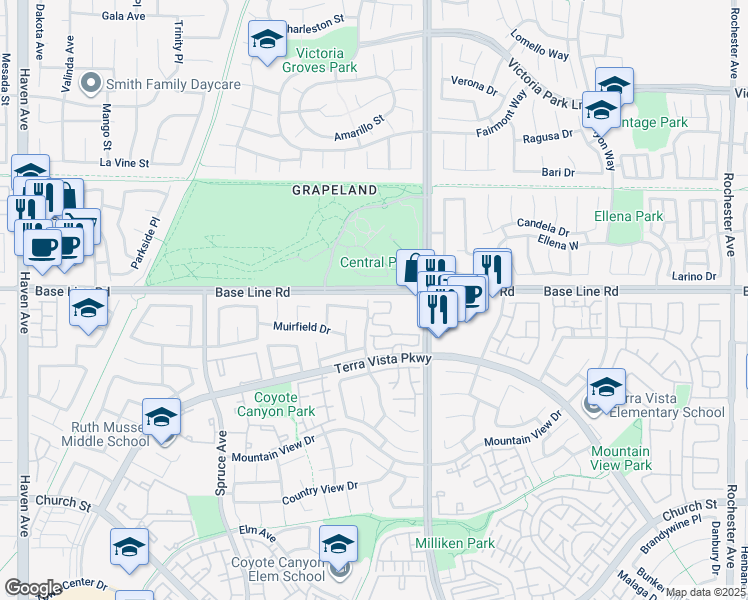 map of restaurants, bars, coffee shops, grocery stores, and more near 7301 Belpine Place in Rancho Cucamonga