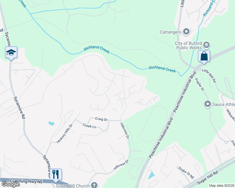 map of restaurants, bars, coffee shops, grocery stores, and more near Paramount View Trace Northeast in Sugar Hill