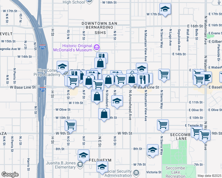 map of restaurants, bars, coffee shops, grocery stores, and more near 1148 North D Street in San Bernardino