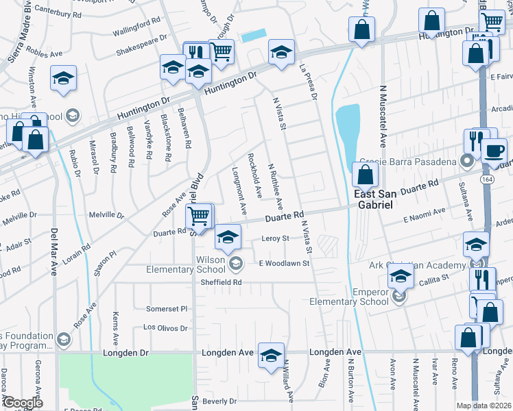 map of restaurants, bars, coffee shops, grocery stores, and more near 6702 Longmont Avenue in San Gabriel