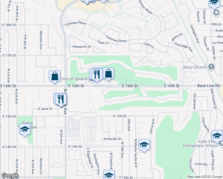 map of restaurants, bars, coffee shops, grocery stores, and more near 1190 Winged Foot Drive in Upland