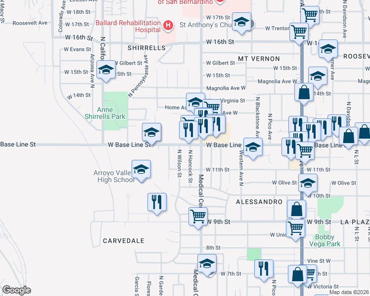 map of restaurants, bars, coffee shops, grocery stores, and more near 1148 North Hancock Street in San Bernardino