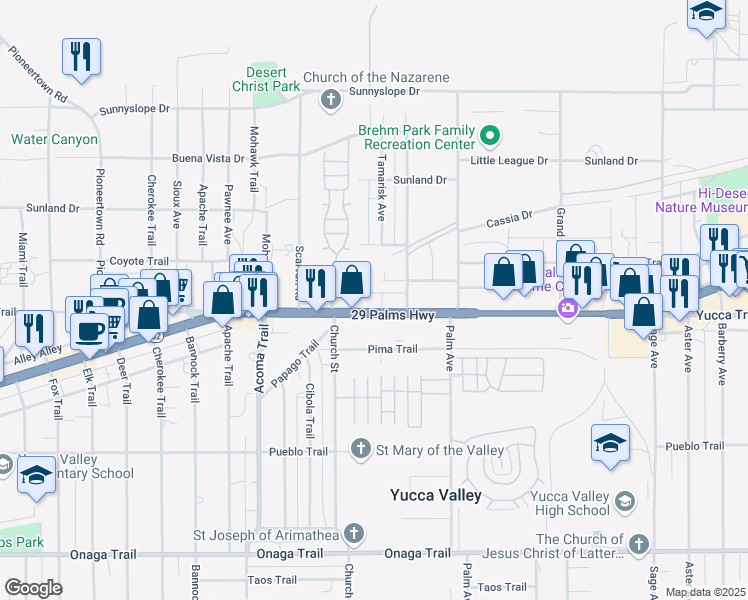 map of restaurants, bars, coffee shops, grocery stores, and more near 56334 29 Palms Highway in Yucca Valley