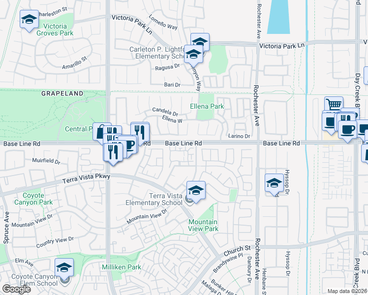 map of restaurants, bars, coffee shops, grocery stores, and more near 11560 Stoneridge Drive in Rancho Cucamonga