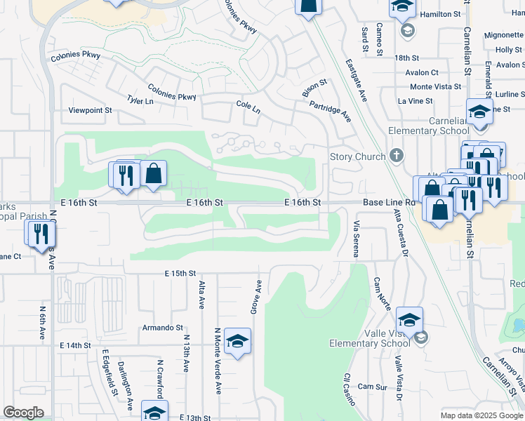 map of restaurants, bars, coffee shops, grocery stores, and more near 1410 Augusta Drive in Upland