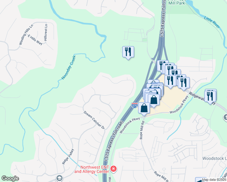map of restaurants, bars, coffee shops, grocery stores, and more near 4105 Dream Catcher Drive in Woodstock