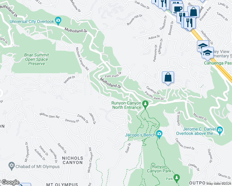 map of restaurants, bars, coffee shops, grocery stores, and more near 2753 La Cuesta Drive in Los Angeles