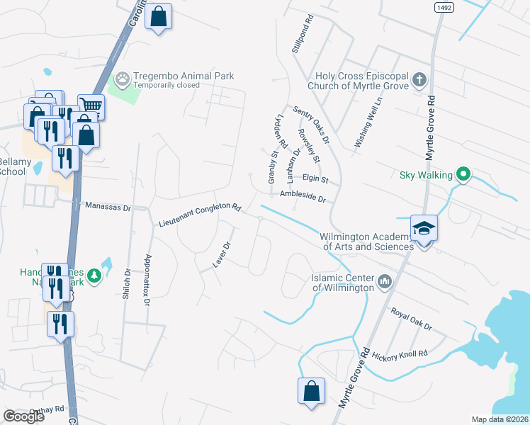 map of restaurants, bars, coffee shops, grocery stores, and more near 6336 Granby Street in Wilmington