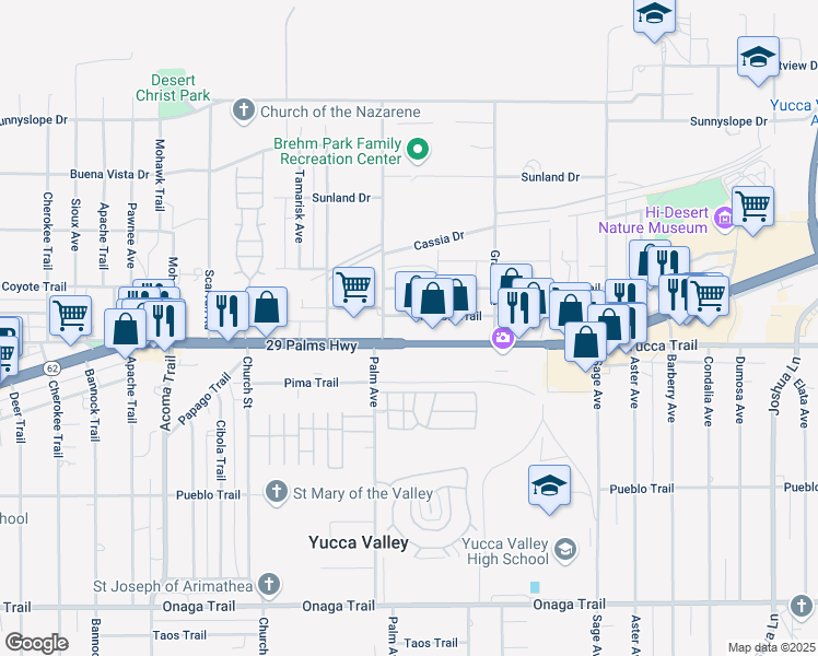 map of restaurants, bars, coffee shops, grocery stores, and more near 56546 29 Palms Highway in Yucca Valley
