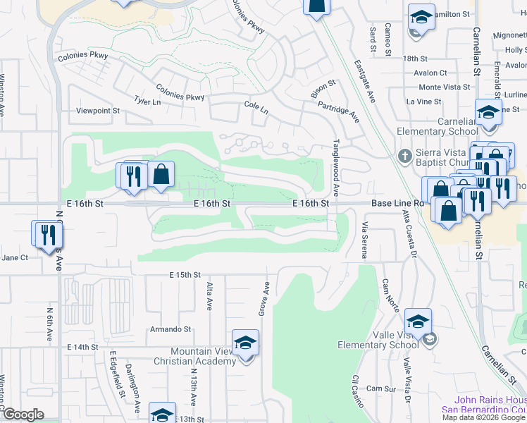 map of restaurants, bars, coffee shops, grocery stores, and more near 1415 Upland Hills Drive South in Upland