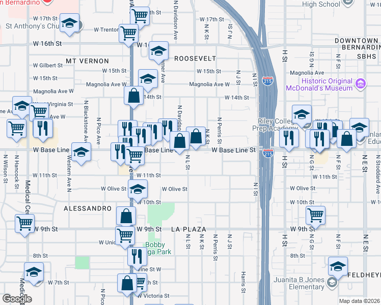 map of restaurants, bars, coffee shops, grocery stores, and more near 1155 North L Street in San Bernardino