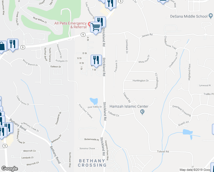 map of restaurants, bars, coffee shops, grocery stores, and more near 395 Strickland Road in Alpharetta